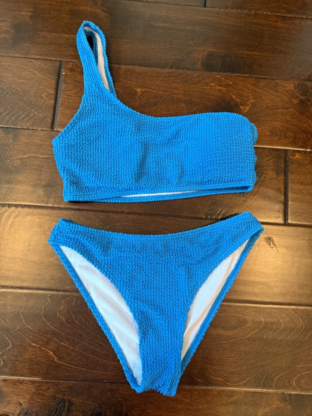 Bright Blue Textured One-Shoulder Bikini Set